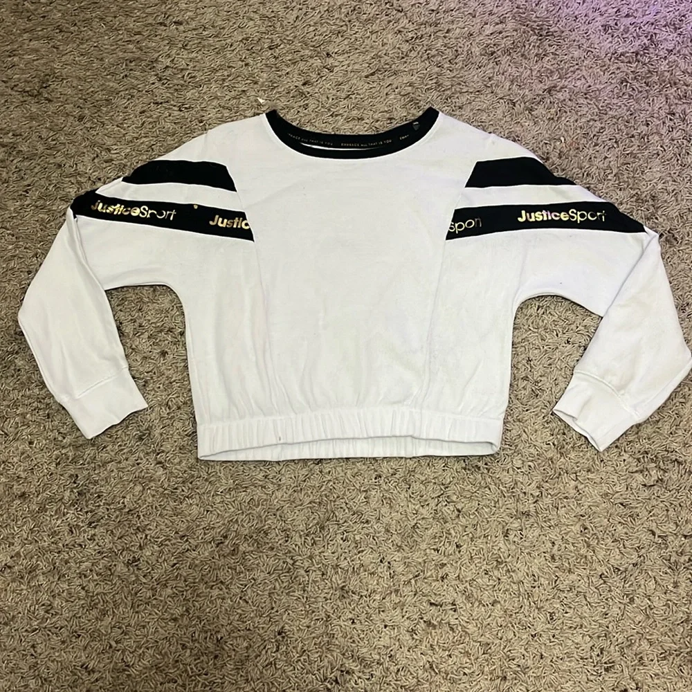 Justice Sport Girls' White & Black Cropped Sweatshirt